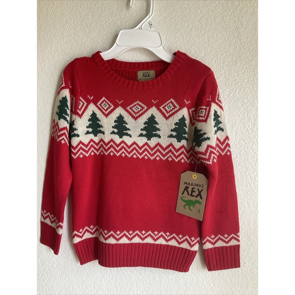 Maximus Rex Red Christmas Holiday Sweater Trees Boys Size 6 New